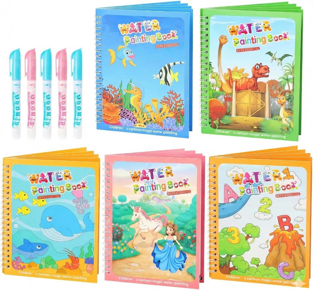 5 Pack Reusable Water Coloring Book for Toddlers, Water Doodle Book Toys, Paint with Water Books,Mess-Free Coloring Book, Portable Educational Doodle Drawing Toy,Educational Learning Kits Gifts