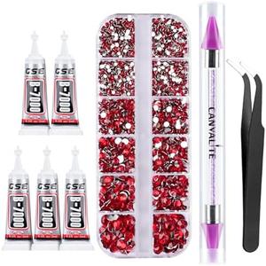 Canvalite 1500PCS Red Rhinestones Flat Back Gems, Nail Rhinestones Nail Art Gems with Pick Up Tweezers and Rhinestone Picker Dotting Pen, Nail Art Tools for Nails, Clothes, Face, Craft