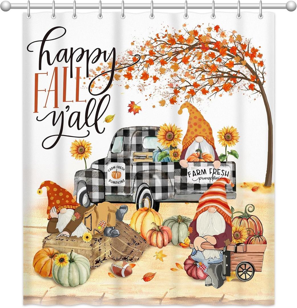 Bonsai Tree Fall Shower Curtains for Bathroom 72X60, Fall Gnome Shower Curtain, Autumn Truck Bathroom Decor Curtain with Hooks (Orange 6072)
