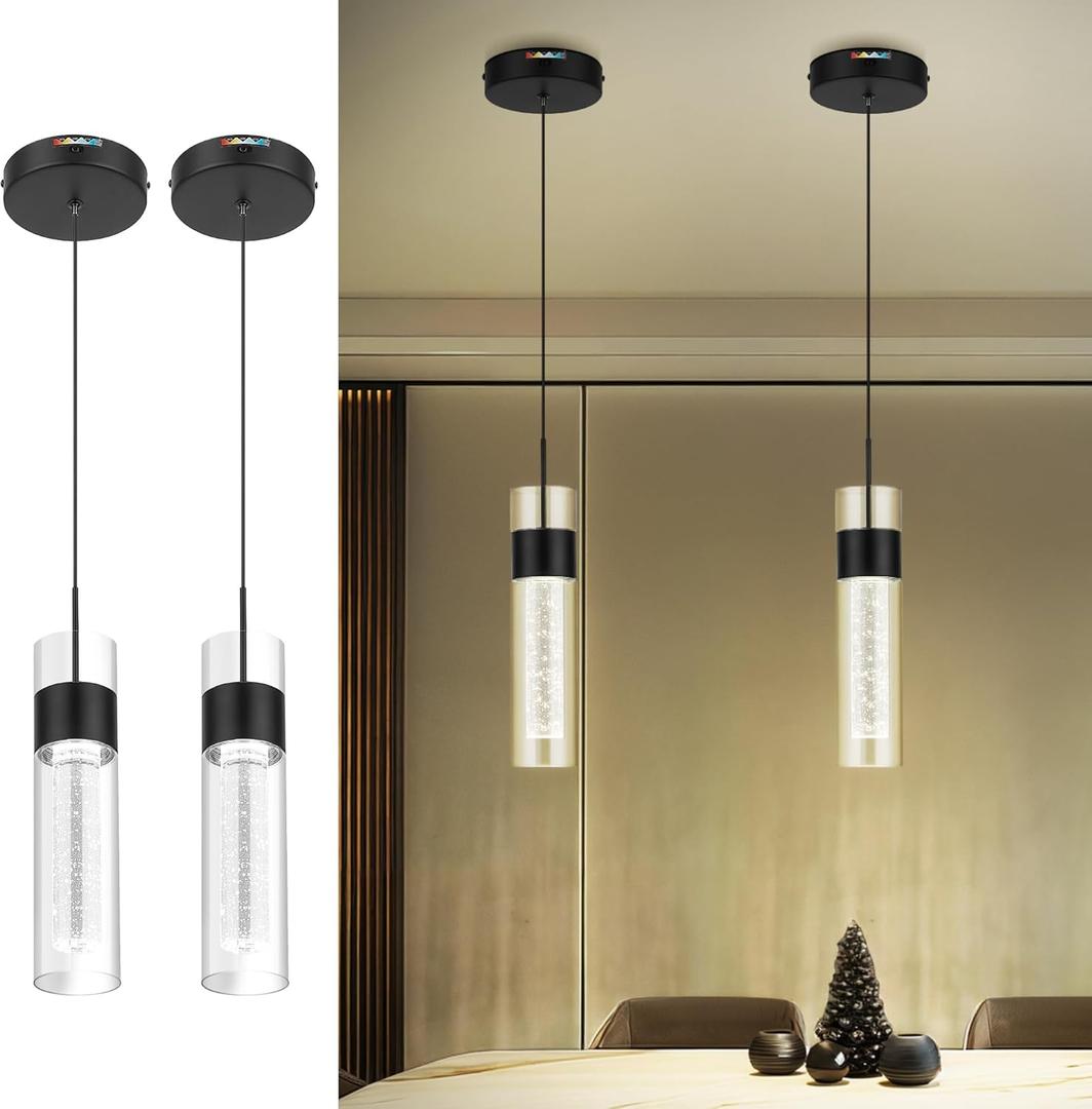 kudos Black Pendant Light Fixtures, 2-Pack, Modern LED Pendant Lights with Clear Glass and Bubble Crystal, Pendant Lights for Kitchen Island, KDPL09-BK-2PK