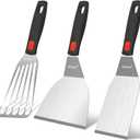 Beijiyi 3-Piece Metal Spatula for Cast Iron Skillet, Sturdy Stainless Steel | Heavy Duty, Heat Resistant Silicone Handle, Beveled Edges, Turner Flipper for Kitchen Use, Flipping, Cooking, Dishwasher Safe