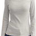 LilyCoco Womens Striped Shirt Ribbed Long Sleeve Crewneck Basic T Shirts White, Large
