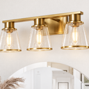 3-Light Brushed Brass Bathroom Vanity Lights, Gold Bathroom Light Fixtures Over Mirror with Glass Shade, 22in Modern Wall Sconces for Bath Mirror Bedroom Hallway, E26 Base (Bulbs Not Included)