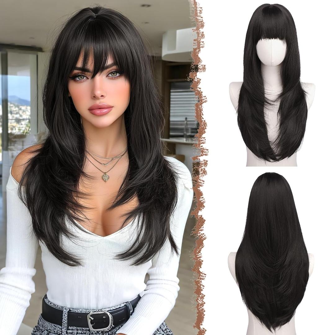 FESHFEN Straight Sleek Layered Wigs with Bangs for Women - Natural Synthetic Long Hair Wig for Daily Party Use 24 inch
