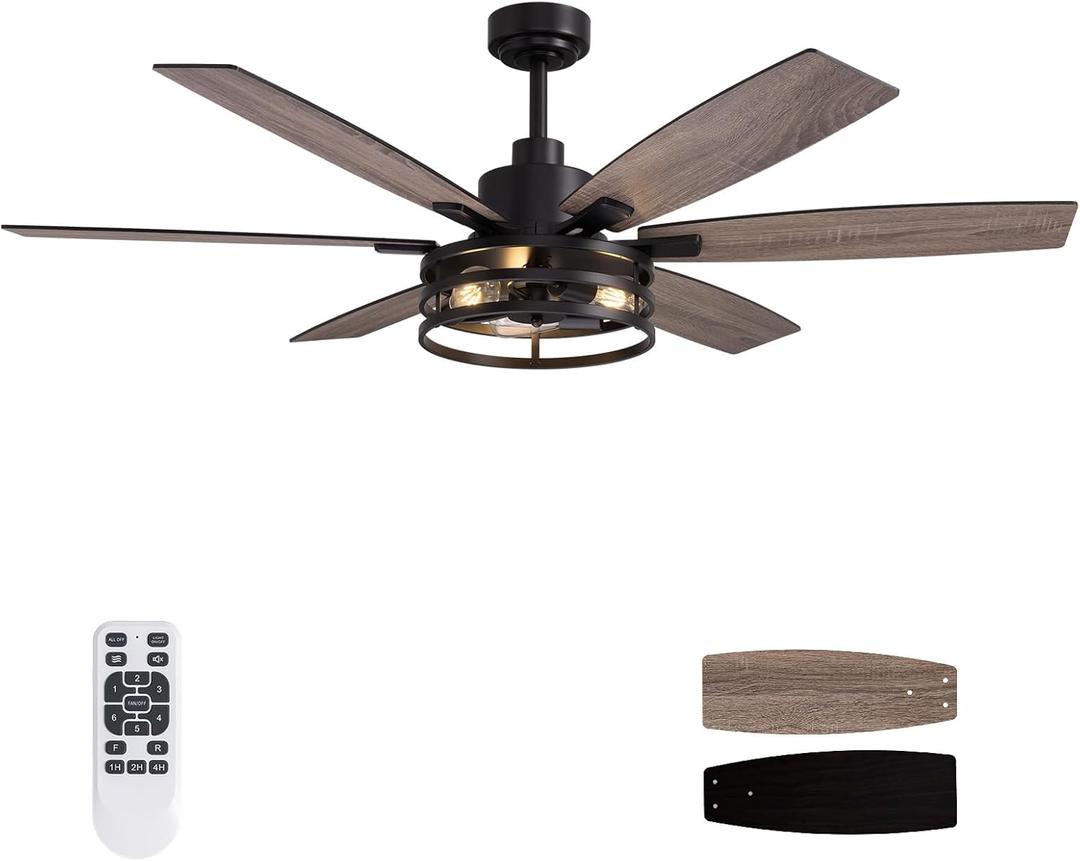 60 Inch Ceiling Fans with Lights and Remote Control, Farmhouse Ceiling Fan for Bedroom Living Room and Patio, Black Caged Ceiling Fan for Indoor and Outdoor (Fortress)