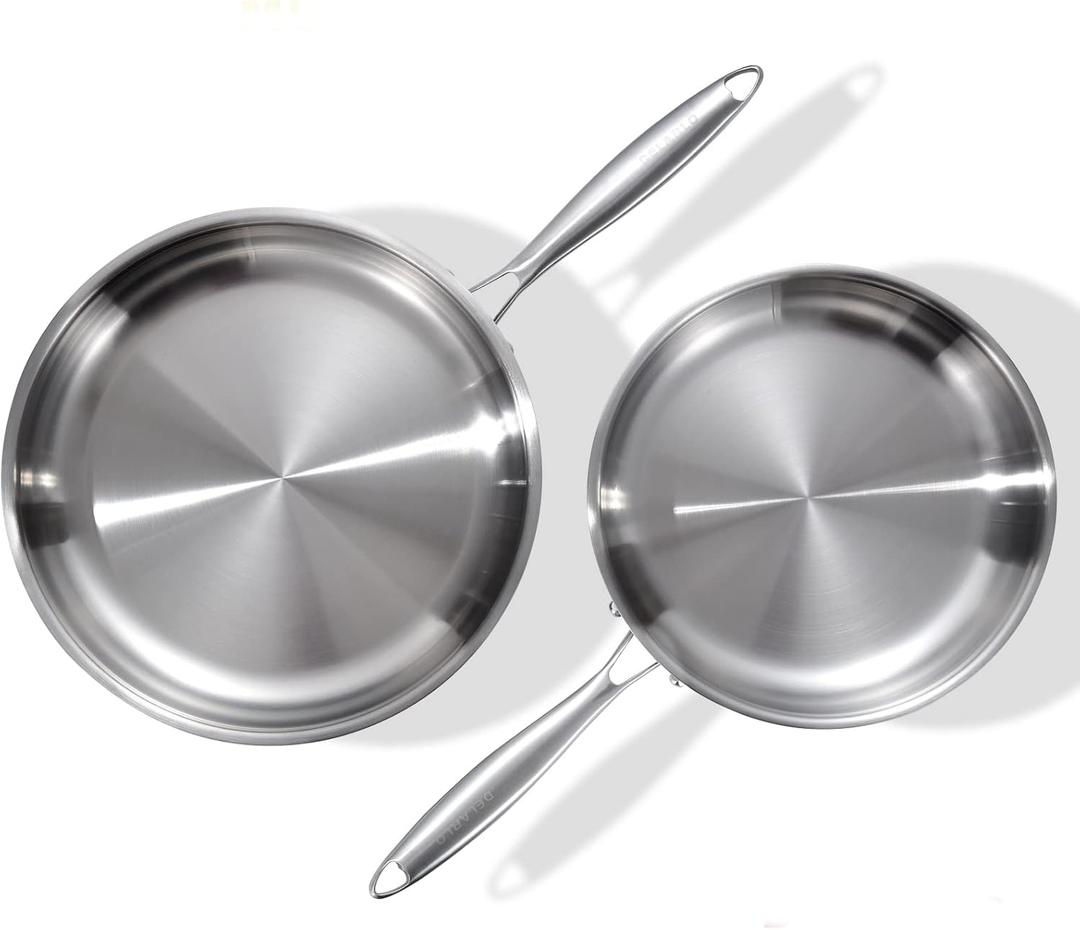 DELARLO Tri-Ply Stainless Steel 10inch and 12inch Frying Pan, Oven safe induction skillet,pots and pans set,Suitable for All Stove (Detachable Handle) (10"+12"Set)