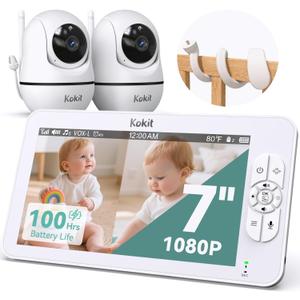 7" 1080P Full HD Dual Camera Baby Monitor Split Screen for Twins 100-Hour Battery Pan-Tilt 355/120 & 4X Zoom Night Vision & VOX 2-Way Talk & Lullabies Data Protection 2.4GHz Wi-Fi Only