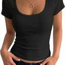 PRETTYGARDEN Women's Short Sleeve Tops 2026 Summer Lace Trim Square Neck Slim Fitted Going Out Basic Tee Shirts Y2K Clothes L