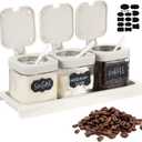 Suclain 3 Pcs Glass Coffee Containers Coffee Station Organizer Set, Airtight Bean Storage Jars with Shelf, labels, spoon, Base and Pen, for Sugar, Candy, Oats, Nuts(White)