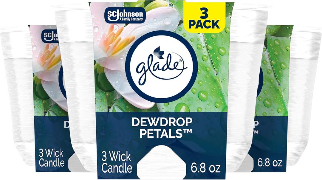 Glade 3-Wick Scented Candle Jar, Dewdrop Petals, Air Freshener Infused with Essential Oils, 6.8 Oz, 3 Count