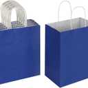 Oikss 50 Pack 8x4.75x10 Inch Medium Royal Blue Kraft Paper Bags with Handles Bulk for Birthday Wedding Party Favors Grocery Retail Shopping Takeout Business Goody Craft Gift Bags Sacks, (50pcs Count)