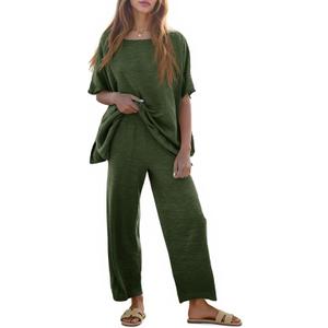 Tankaneo Women's 2 Piece Travel Outfits Casual Short Sleeve Knit Sweater Set Wide Leg Pants Lounge Sets Tracksuit, Medium 