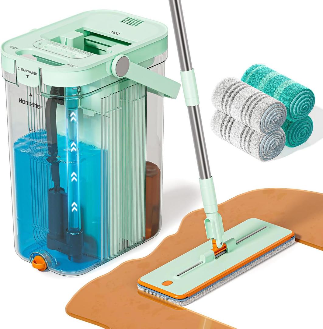HoMettler 3-Tank Transparent Mop and Bucket Set with Separate Dirty & Clean Water, 65" Flat Mop for Floor Cleaning, 4 Machine Washable Microfiber Pads for Wood Tile - Green