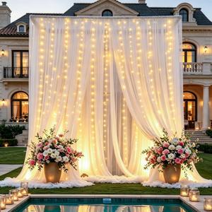 1010ft White Tulle Backdrop Curtains with Lights String for Wedding Parties Sheer Backdrop Curtain Backdrop for Engagement Bridal Baby Shower Birthday Party Home Decoration 5ft10ft, 2 Panels