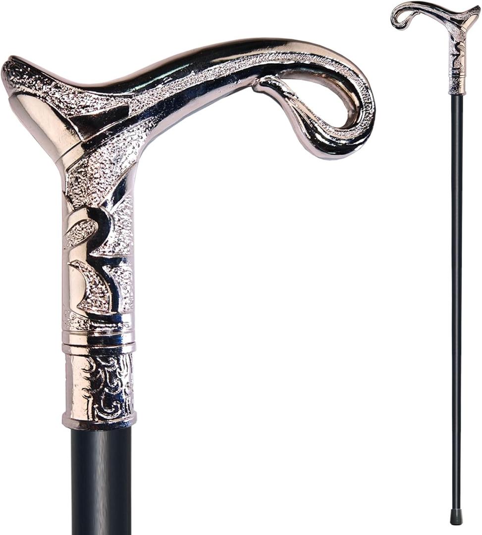 Walking Cane for Men & Women & Seniors - 36.5 Inch Heavy Duty 500+ lbs Capacity, Ergonomic Handle, Decorative & Ornate Design, Gothic & Goth Elegant Matte Black & Gold Artistry, Metal Cane (Silver)