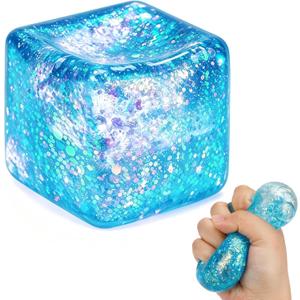 3 x Glitter Ice Cube Squishy Fidget Toys, Slow Rising Stress Relief Squeeze Toy | Square Stress Ball Filled with Thick Substance and Glitter, Nice Gift for Adults and Kids, Office Desk Toy for Anxiety Relief
