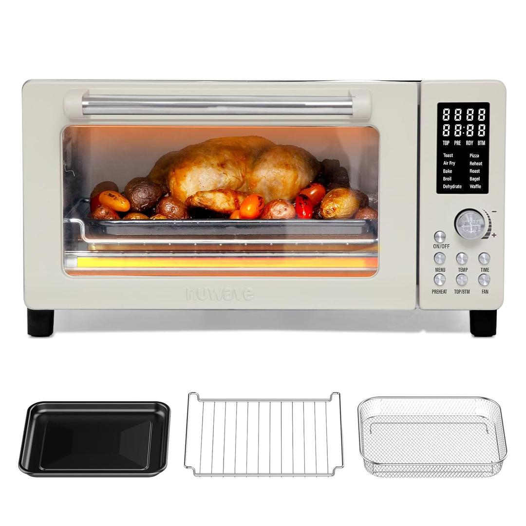 Nuwave Bravo Air Fryer Toaster Smart Oven, 10-in-1 Countertop Convection, 1800 Watts, 21-Qt Capacity, 50-450F Temp Controls, Top and Bottom Heater Adjustments 0%-100%, PFAS Free, Cream