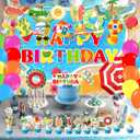 59 Pcs Pool Birthday Party Supplies, Summer Beach Pool Themed Party Decoration Pool Backdrop Balloons Cake Cupcake Topper for Swim Water Bash Luau Tropical Hawaii Themed Party Decor