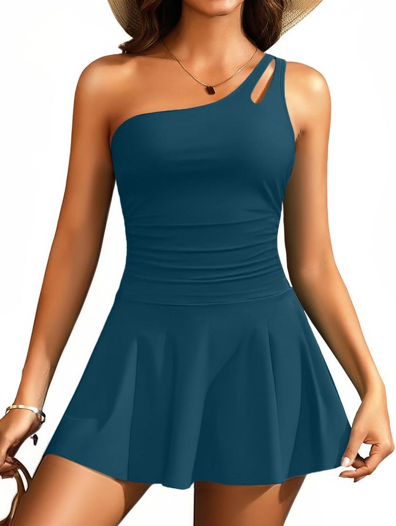 One Piece Tummy Control Swimdress - Women One Shoulder Bathing Suit with Skirt 2025 Modest Skirted Swim Dress Swimsuit (Small, Teal)