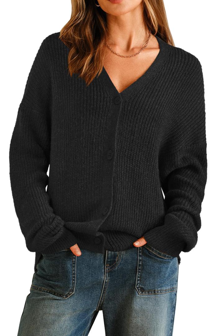 Arach&Cloz Women's Cardigan Sweaters 2025 Fall Mohair Wool Blend Lightweight Button Down Open Front Long Sleeve Cashmere Fashion Oversized Chunky Coats Trendy Business Casual Outfits Black L (Black)