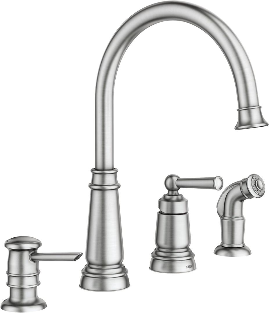 Moen Edison Spot Resist Stainless One-Handle High Arc 4-hole Kitchen Faucet with Side Sprayer and Soap Dispenser, 87042SRS