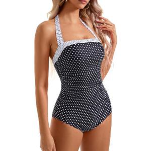 SUUKSESS Women Sexy Tummy Control One Piece Swimsuits Halter Slimming Retro Monokini Bathing Suits Color Block Swimwear(Black White Polka Dots,S)