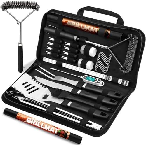 RINPIR 31pcs BBQ Grill Accessories Set for Men Dad, Heavy Duty Grilling Tools Gifts for Fathers Day, Stainless Steel BBQ Utensils Kit with Mats, Grill Brush in Carrying Bag Black
