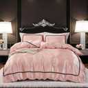 Herside Pink Satin Comforter Set 7 Pieces Queen Size Bed in a Bag Luxurious Satin Bedding Set with Comforter Pillowcases and Sheets Sets Mini Pompoms Design Super Soft Silky Bed Set for All Seasons