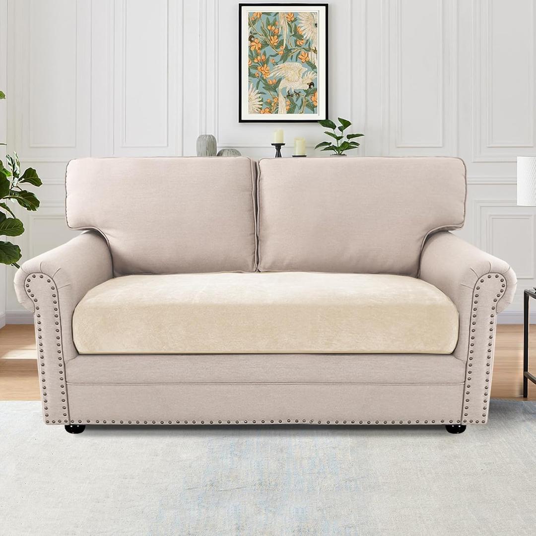 H.VERSAILTEX Stretch Chenille Couch Cover 2 Cushion Sofa Thick Slip Covers for Sofas/Couches 2 Cushions Non-Slip Couch Covers for Sofa Pets with Elastic Bottom(2 Seater Loveseat Cushion Cover,Beige)