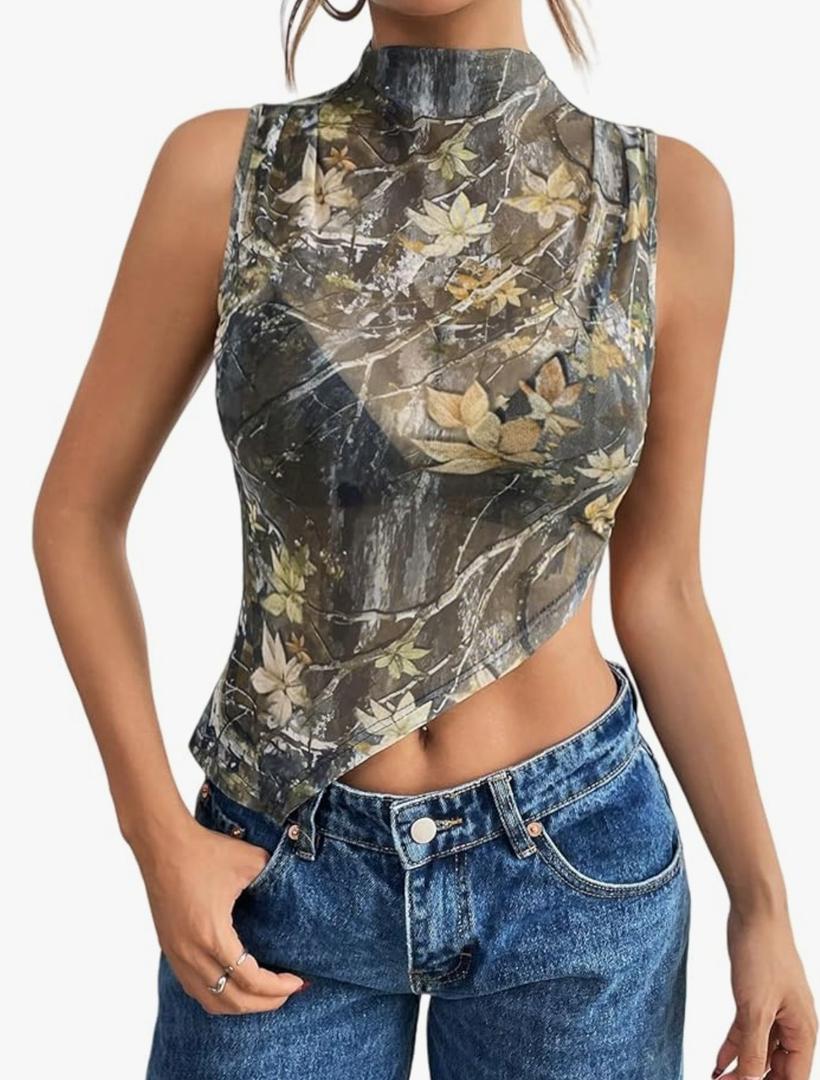 QJQ Women's Sheer Mesh Tank Tops Mock Neck Sleeveless Asymmetrical Hem Crop Top See Through Shirts Small