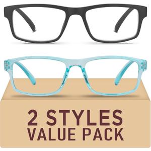 2 Pack Reading Glasses,Upgraded TR Blue Light Blocking Reading Glasses,Filter UV Ray/Glare Computer Readers, Stylish Lightweight Spring Hinges Eyeglasses for Women Men(Black/Blue,2.0)