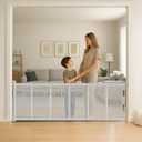 34" H Tall Mesh Dog Gate Extends Up to 150" W Retractable Pet Gate with Drill Installation, Preventing Crawling Through for Stairs, Doorways, Indoor & Outdoor (White)