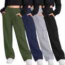 LessonZoo 4 Pack Girl's Wide Leg Sweatpants with Cargo Pockets Baggy Elastic High Waist Pants Kids Casual Athletic (Army Green, Navy, Light Heather Gray, Black, 13-14 Years)