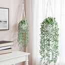 DREAMLOOM 2 Packs Fake Hanging Plants with Pots, Artificial Eucalyptus Hanging Plants with Macrame Hanger for Indoor Decor, Fake Hanging Vines Faux Greenery for Home Kitchen Office