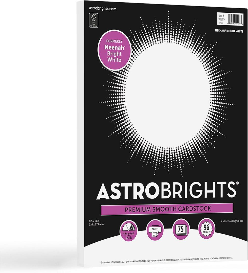 Astrobrights/Neenah Bright White Cardstock, 8.5" x 11", 65 lb/176 gsm, White, 75 Sheets (90905-02) 
