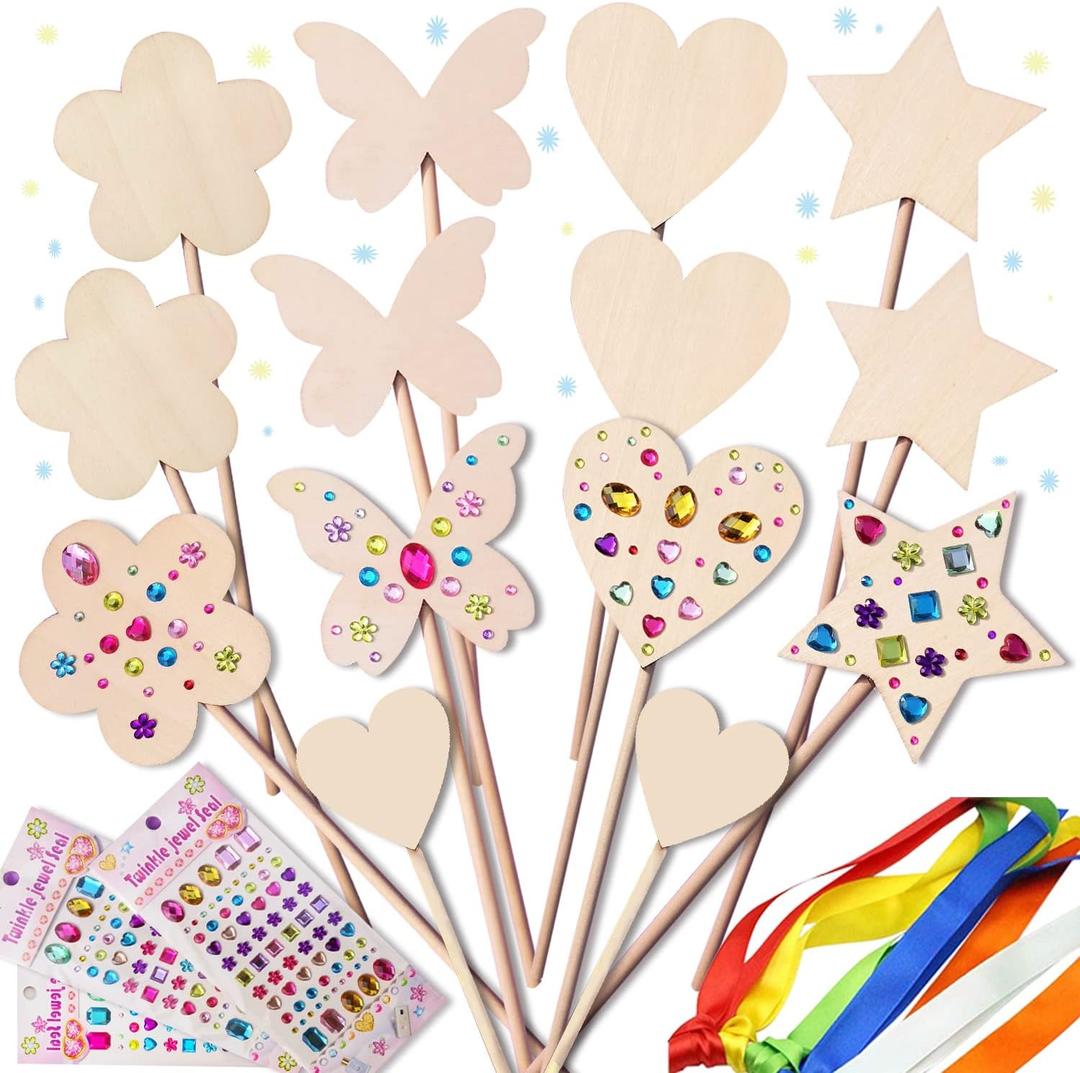 WUBOMJIO Princess Fairy Wands Craft Kit, Kid Birthday Party Supplies Make Your Own Magic Wands Include Unfinished Wooden Fairy Wands, Gem Stickers, Ribbons, Ideal for Kids 6+(14 PCS)