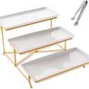YOLIFE 3 Tier Serving Tray for Party, Display Fruit Dessert Tiered Tray Stand, 14 x 6.1" White Porcelain Platters with Collapsible Sturdier Gold Iron Rack