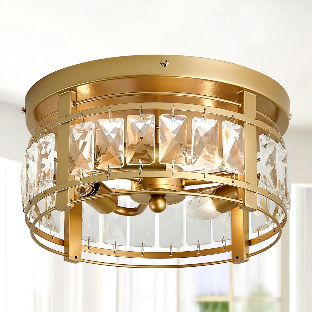 SZXYKEJI Modern Crystal Ceiling Light Fixture 3 Lights Mini Flush Mount Chandelier Gold Cage Round Ceiling Light for Foyer Hallway Dining Room Living Room Bedroom