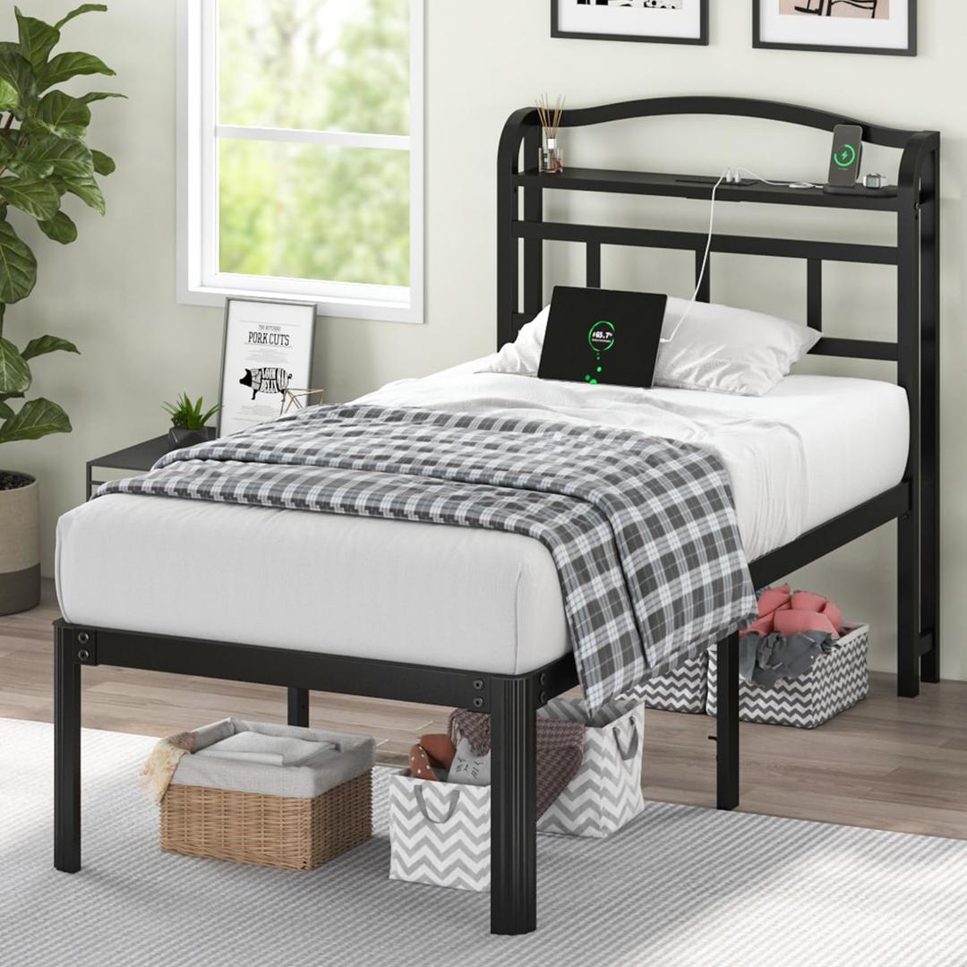 QEROMY Twin Size Bed Frame - Storage Headboard with Charging Station, Easy Assembly, 18 inch Heavy Duty Metal Platform Bed Frame No Box Spring Needed, Black