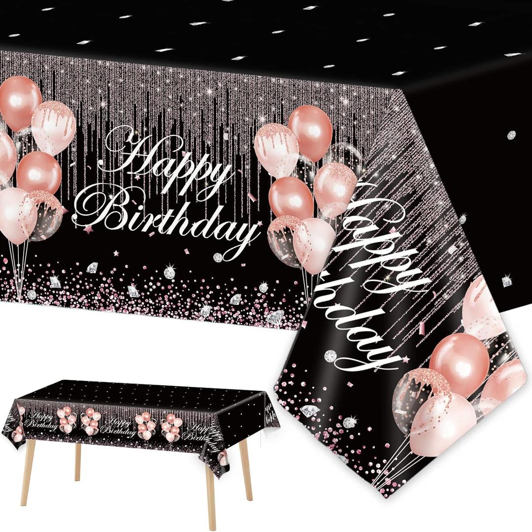 3pcs Black Rose Gold Birthday Tablecloths - Party Decorations With Pink Sequin Plastic Table Cover, Glitter Diamonds - Happy Birthday Supplies for Girl Women Wedding Party