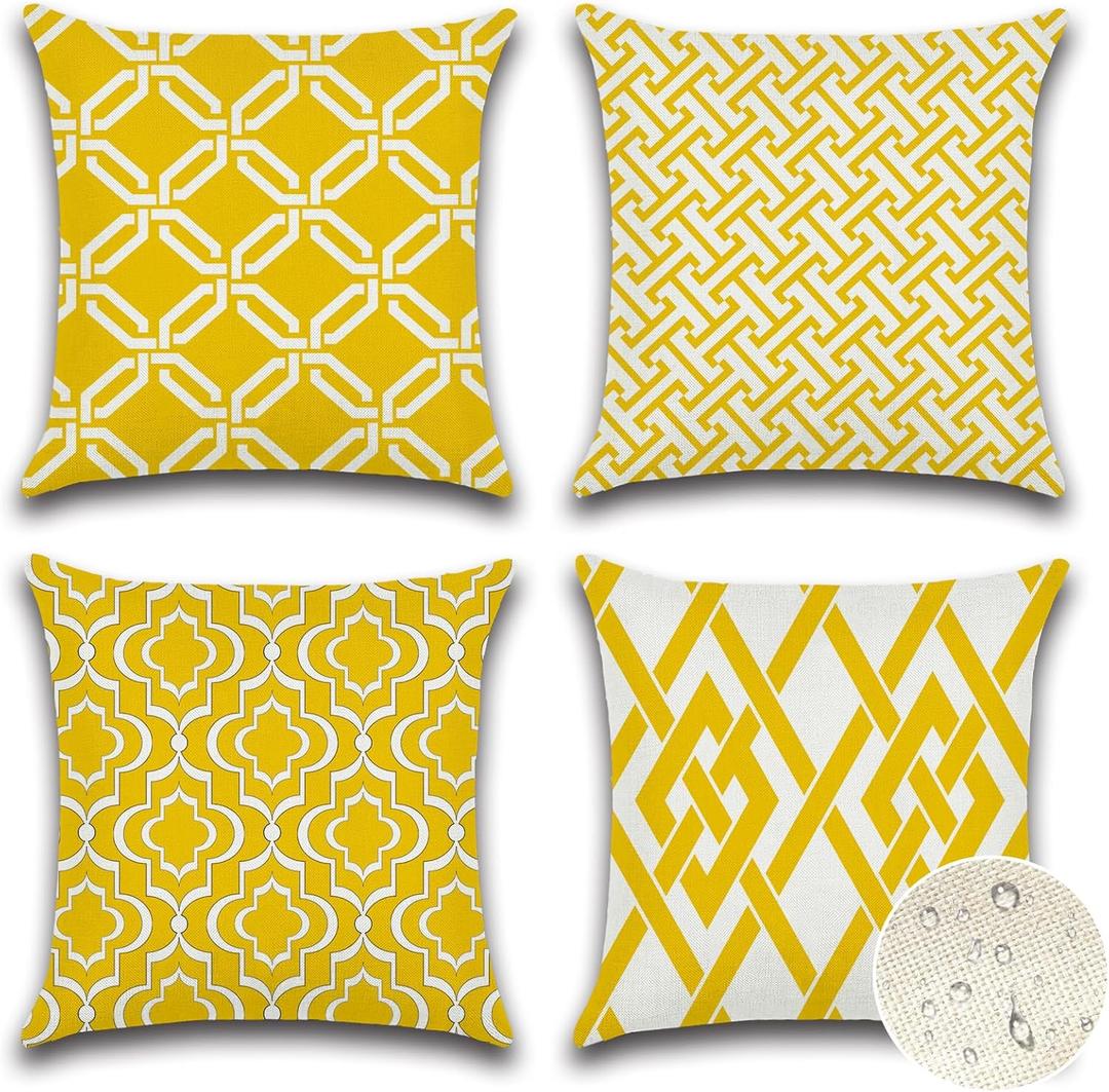 2 x OTOSTAR Set of 4 Waterproof Throw Pillow Covers 18x18 Inch Farmhouse Geometric Square Pillow Cases for Couch Patio Furniture Balcony Garden Outdoor DecorationGeometry40-Yellow
