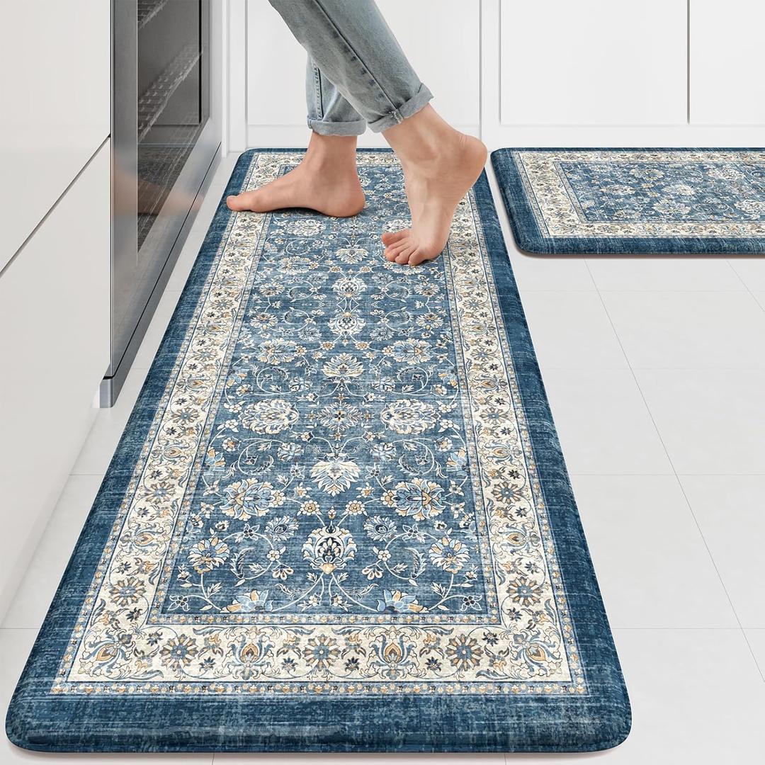 KIMODE Anti Fatigue Kitchen Mats 17.3" x 47"+17.3" x 29", Boho Blue Kitchen Rugs Sets of 2, Non Slip Waterproof Kitchen Floor Mats, Vintage Memory Foam Kitchen Mat for Sink, Laundry, Desk