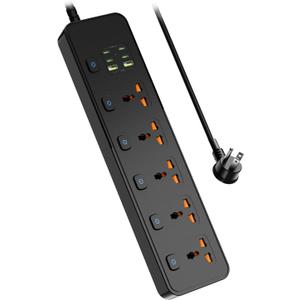 Universal Power Strip with USB Ports, Individual Swtich, 6ft Power Cord, 5 Universal AC Outlets, 4USB C and 2USB (5V/4.2A), Max 3000w, 110-240V, Child Safe Door, Multi Plug Power Strip for Travel