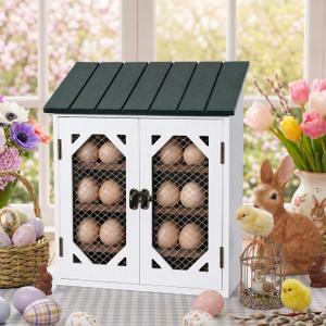 Xuhal Wooden Egg Holder Countertop Farmhouse House Shape Egg Storage Decor 3 Tier Cabin Pull out Storage Shelf Holding up to 24 Distressed Collecting Basket for Gathering Kitchen