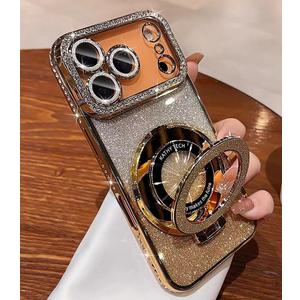 Magnetic Stand Glitter Case for iPhone 17 Pro Max, [Comatible with Magsafe], Luxury Cute Sparkly Bling Diamond Camera Lens Protector 2in1 Women Girls Soft Phone Cover Case for iPhone 17 Pro Max,Gold