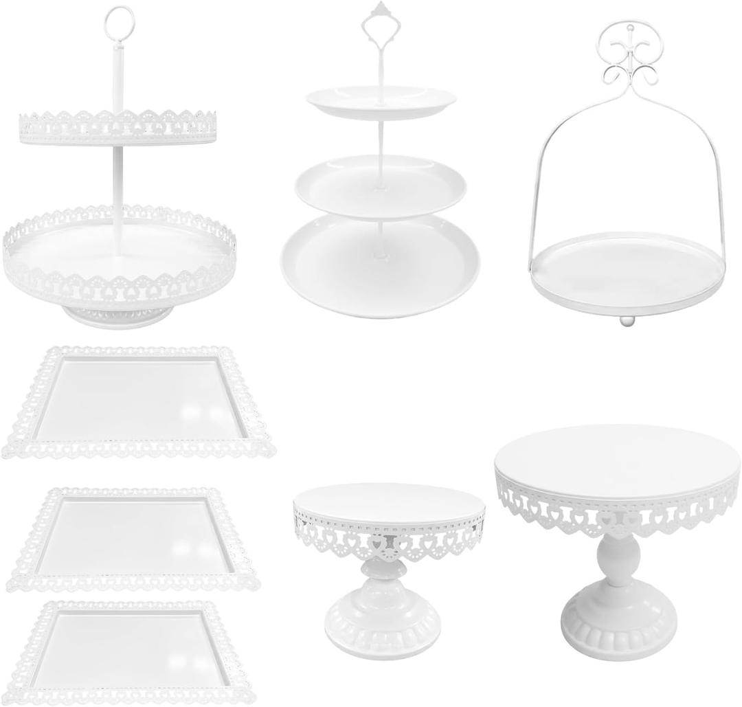 8 Pcs Cake Stands Set Metal Dessert Table Display Tiered Cupcake Holder Candy Donut Fruit Plate Cake Serving Tray with Handle Treats Serving Tower for Wedding Birthday Party Decorations (White)