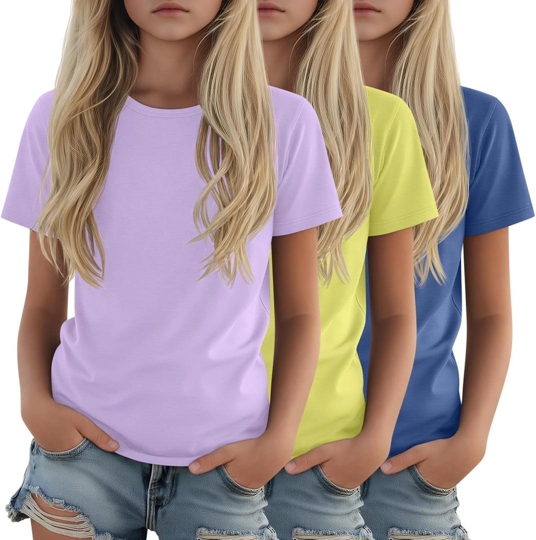 LessonZoo 3 Pack Girls Shirts Plain Short Sleeve Tops Teens Youth Summer Tshirts Crewneck Loose Fit Casual Basic Tees, Dark Blue, Cream Yellow, Light Purple,13-14 Years