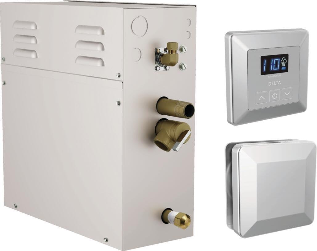 Delta Faucet SimpleSteam 7.5kW Steam System Kit Chrome, Includes 7.5kW Steam System Generator, Square Digital System Control, Square Steam Head, Lumicoat Chrome 5P-EST07-PR