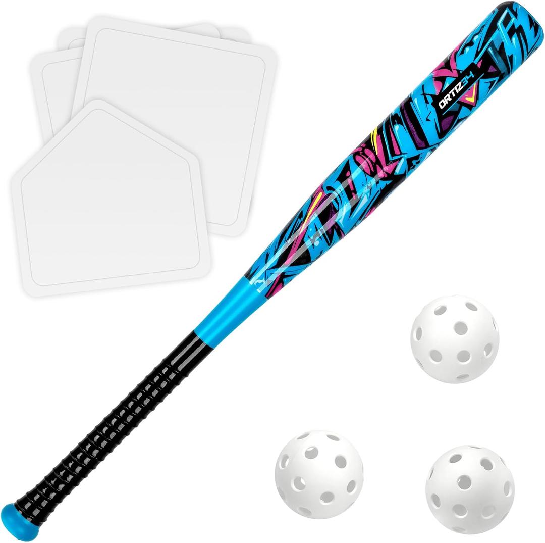 Grand Slam Set- Graffiti Plastic Bat, David Ortiz Backyard Baseball Set with 3 Balls, 4 Throw Down Bases