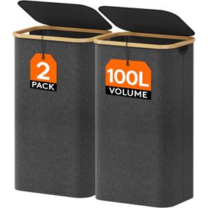 Lifewit 100L Laundry Basket with Lid, Clothes Hampers for Laundry with Bamboo Handles and A Removable Laundry Bag, Large Foldable Laundry Hamper for Bedroom, Bathroom, Dorm, Black, 2 Pack
